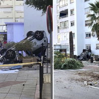 Flying car crash lands narrowly missing bus stop.