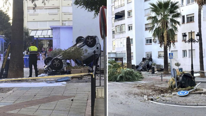 Flying car crash lands narrowly missing bus stop.