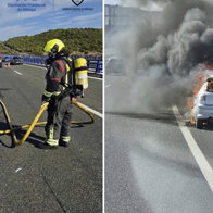 Fire fighters deal with car fire before it spreads.
