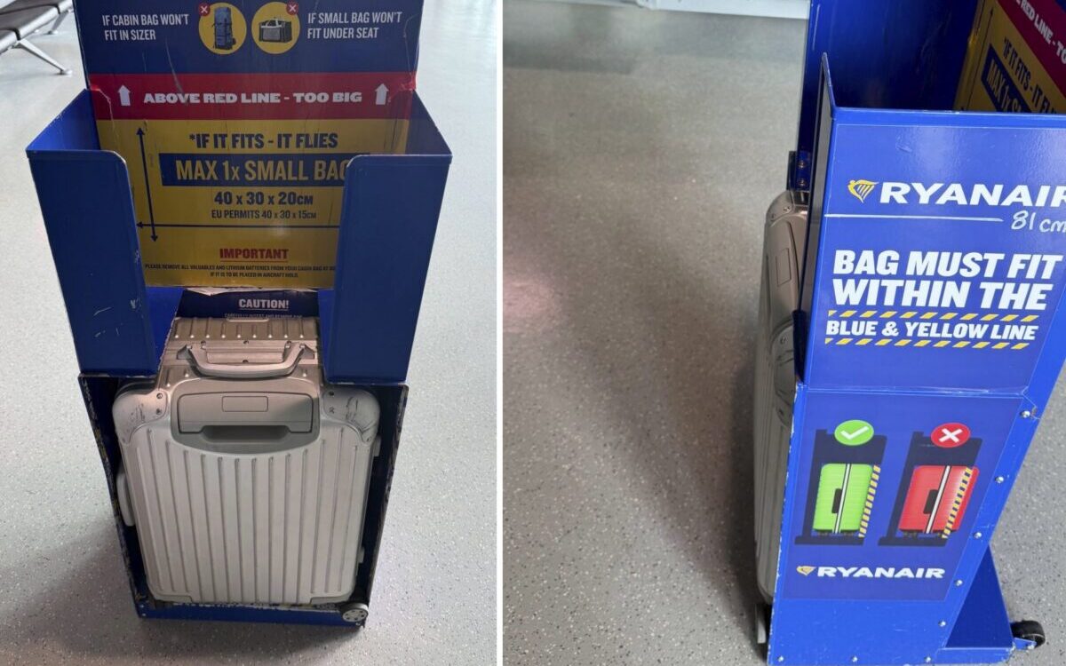 Foto del medidor de equipaje de un pasajero de Ryanair tras un cargo de £75: Which? sobre tus derechos