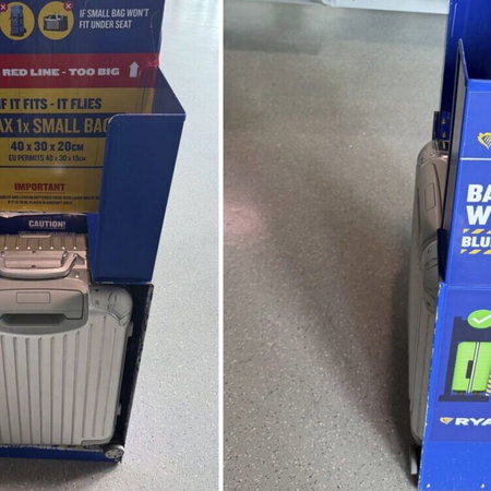 two carry-on suitcases in a Ryanair case-size checker