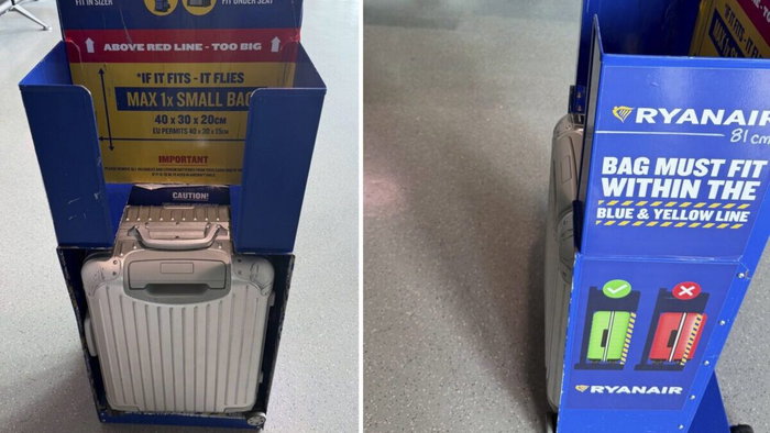 two carry-on suitcases in a Ryanair case-size checker