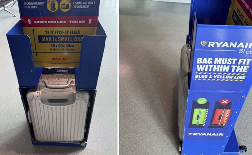 two carry-on suitcases in a Ryanair case-size checker