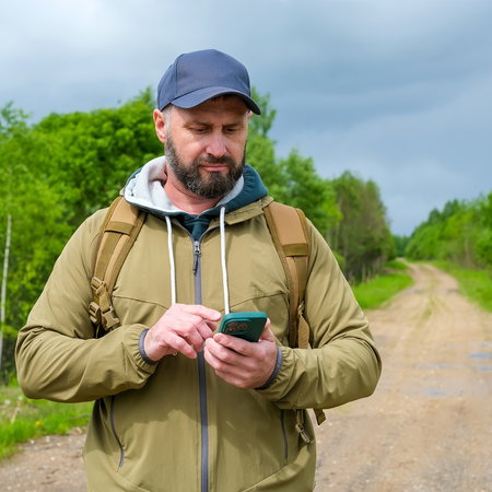 tourist checking directions on a smartphone in the countryside