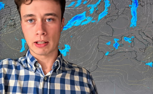 Young man in blue-and-white checkered shirt in front of a weather map of Europe.