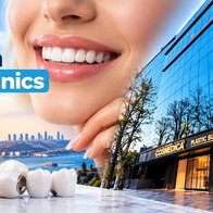 AI image for Cosmedica Dental in Turkey showing outside of building and a woman's face with a smiling face showing her teeth