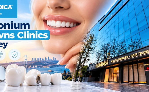 AI image for Cosmedica Dental in Turkey showing outside of building and a woman's face with a smiling face showing her teeth