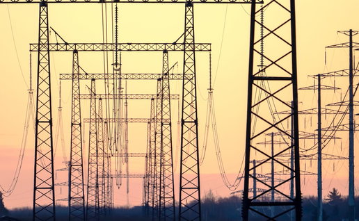 High-voltage power lines at sunset in Spain