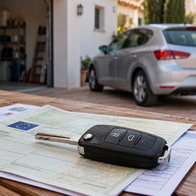 Car keys resting on vehicle documents, with a silver car parked outside a Spanish home.