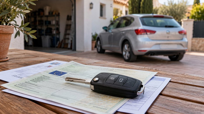 Car keys resting on vehicle documents, with a silver car parked outside a Spanish home.