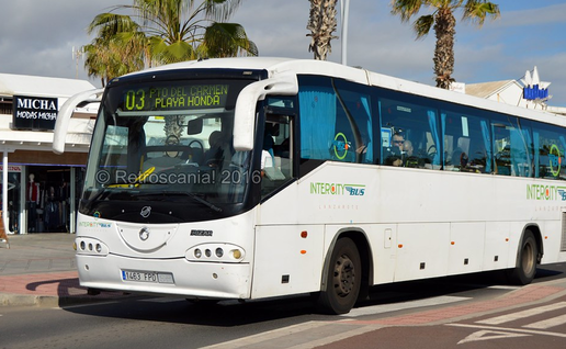 A white Intercity Bus Lanzarote coach showing line 03 to Puerto del Carmen and Playa Honda, driving along a palm-lined street with passengers visible at the windows.