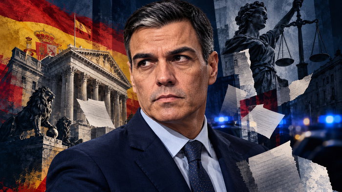 Editorial illustration of Pedro Sánchez surrounded by Spanish institutions, justice scales, documents and blue police lights.