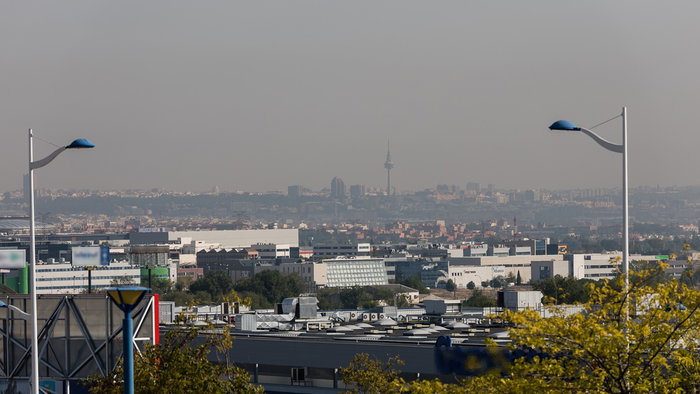 Madrid skyline under a hazy sky, with reduced visibility across the Spanish capital.