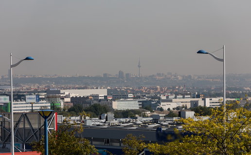 Madrid skyline under a hazy sky, with reduced visibility across the Spanish capital.