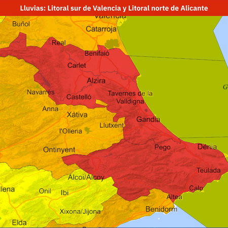 AEMET red weather warning map highlighting areas of Valencia and Alicante at risk of torrential rain.
