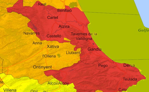 AEMET red weather warning map highlighting areas of Valencia and Alicante at risk of torrential rain.
