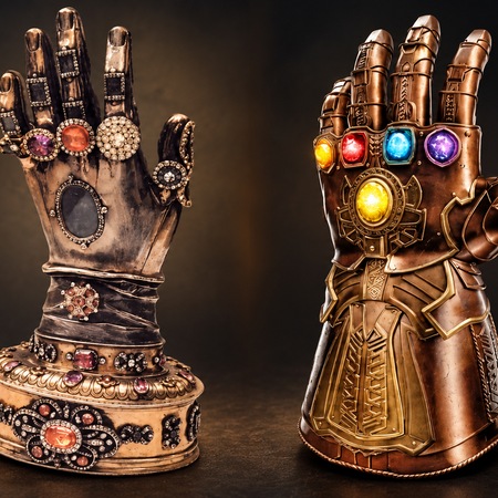 Saint Teresa of Ávila’s hand reliquary beside an illustration of Thanos’s Infinity Gauntlet.