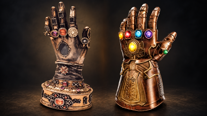Saint Teresa of Ávila’s hand reliquary beside an illustration of Thanos’s Infinity Gauntlet.