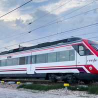High speed Renfe train in motion on a train track