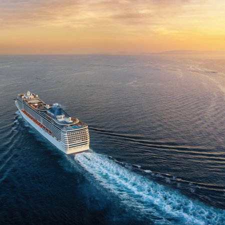 Aerial view of a cruise ship traveling over the ocean during a golden summer sunset with copy space