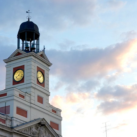 Clock tower in Madrid Spain during sunset