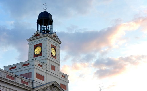 Clock tower in Madrid Spain during sunset