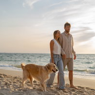 couple in love of young people man and woman walking on a beach playing with golden retriever dog smiling happy having fun together