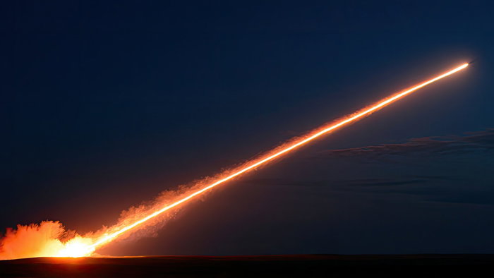A,Powerful,Rocket,Ascends,Into,The,Dark,Night,Sky,Leaving