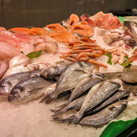 Fish laying on ice on a fish mongers stand