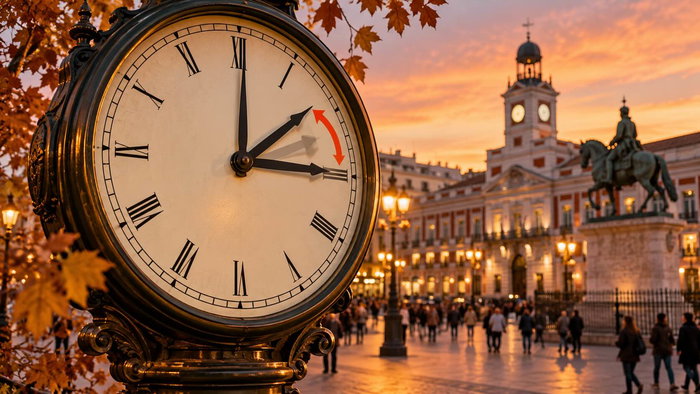 Madrid’s Puerta del Sol clock tower at dusk ahead of Spain’s October clock change.