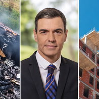 Three panel montage showing train wreckage, Pedro Sánchez and an apartment building under construction.